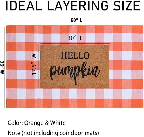 Orange and White Plaid Rug, 3' x 5' Fall Front Door Decor Mat, Cotton Washable Hand-Woven Door Mat for Layered Doormat, Autumn Halloween Thanksgiving Carpet for Porch, Entryway - Image 2