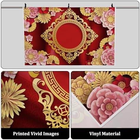 AOFOTO 10x7ft Chinese New Year Backdrop Red and Gold Paper-cuts Floral Lucky Clouds Traditional Spring Festival Asian Lunar New Year Background Room Decoration Banner Kid Portrait Photo Shoot Props - Image 2