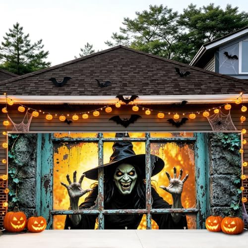 7x16FT Halloween Window Witch Garage Door Banner Skeleton Witch Happy Hallowen Garage Door Cover Decoration for Hallowen Decoration by FOREVERQUEEN