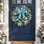 22 Inch Lighted Christmas Wreath with Timer, Blue Bow and Ornaments - Image 4