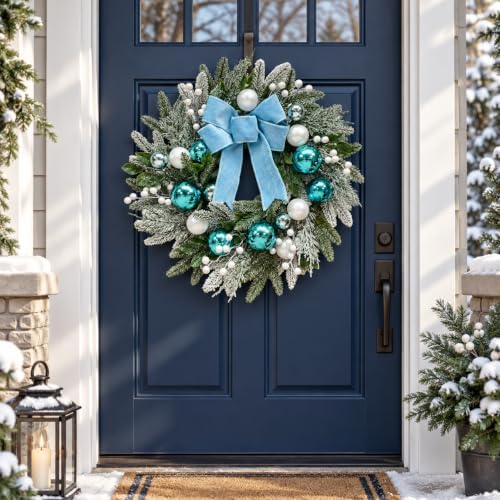 22 Inch Lighted Christmas Wreath with Timer, Blue Bow and Ornaments - Image 4