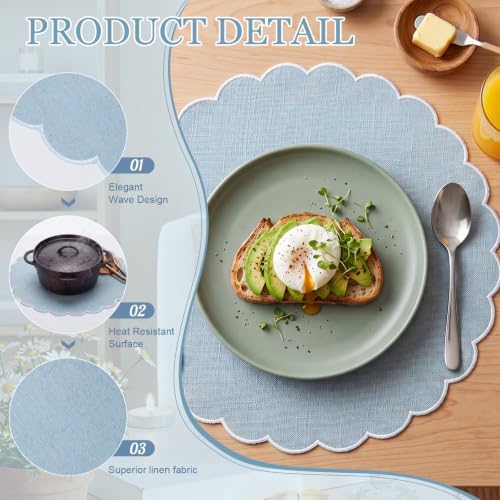 Set of 12 Gray Blue Cotton Placemats 15" Round Scalloped White - Image 3