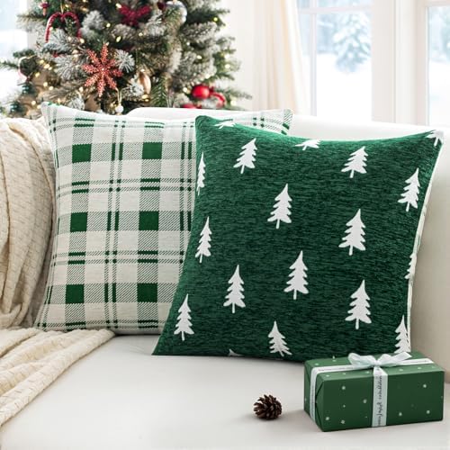 MIULEE Christmas Decorative Chenille Throw Pillow Covers, 18x18 Inch, Green White Tree, Set of 2 Cute Trees with Plaid Patterns Pillows for Sofa Couch Bedroom Chair Xmas Home Decor - Image 2