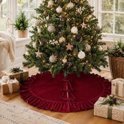 Christmas Tree Skirt,Velvet Tree Skirt with Ruffled Edge, Classic Large Velvet Fur Plush Tree Skirt for Merry Christmas(WineRed,60Inch) - Image 3