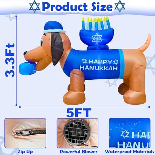 5F Hanukkah Inflatable Decorations - Dachshund with Menorah & Dreidel Built in 3 LED Lights, Blow Up Chanukah Yard Decor for Outdoor Lawn Garden Jewish Holiday Party​ - Image 2