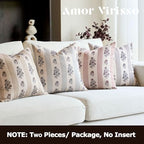 Amor Virisso Floral Throw Pillow Covers 24x24 Set of 2 Block Print Pillow Covers Neutral Floral Striped Farmhouse Decorative Pillow Covers for Sofa Couch Bed, Light Blue - Image 3