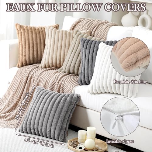 Mixweer 6 Pcs Neutral Faux Fur Plush Throw Pillow Covers 18x18 Inch - Image 4