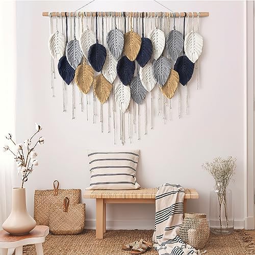 Large Macrame Wall Hanging Boho Leaf Feather Woven Tapestry 39"W x 29.5" L - Image 2