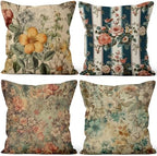 Vintage Printed Throw Pillow Covers 22''x22'' Set of 4, Colorful Flowers Pillowcases Rustic Decorative Floral Cushion Covers for Couch Sofa Bedroom Farmhouse Livingroom Garden Patio Car by VieSavaran