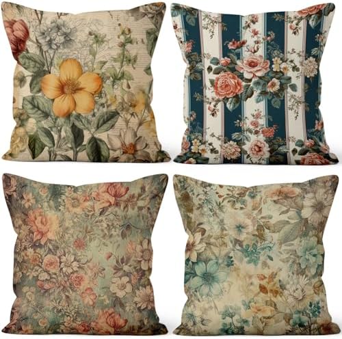 Vintage Printed Throw Pillow Covers 22''x22'' Set of 4, Colorful Flowers Pillowcases Rustic Decorative Floral Cushion Covers for Couch Sofa Bedroom Farmhouse Livingroom Garden Patio Car by VieSavaran