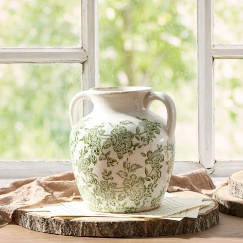 Ceramic Vase with Handles, Vintage Utensil Holder, Flower Decorative Vase Chinoiserie Decor Rustic Farmhouse Retro Floral Vases for Table Bookshelf Mantel Kitchen Living Room Office - 6.7” Green 018 - Image 4