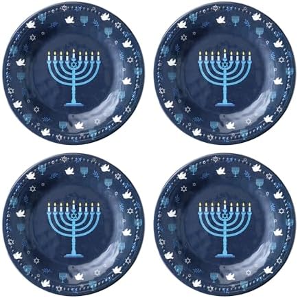 UPware Hanukkah Melamine Round Dessert Plates, Small Serving Plates, Hanukkah Decorations, for Appetizer, Snacks, and Side Dishes, Blue, 6 Inch, Set of 4 by UPware