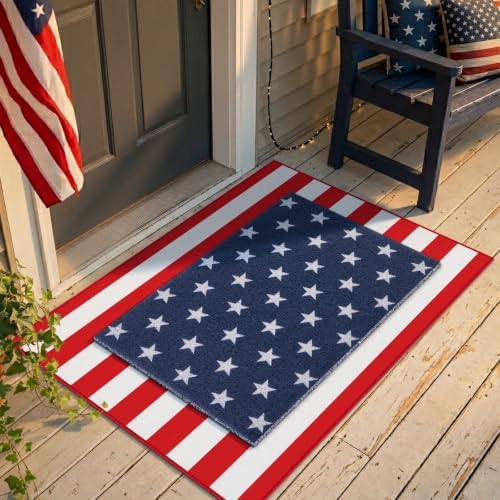 2PCS 4th of July Door Mat Combination, Patriotic Stars and Stripes Front Porch Decor, Independence Day Layered Welcome Mat, Red White and Blue Outdoor Rug for Memorial Day Entryway Decoration by Unknown