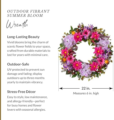 Balsam Hill Outdoor Vibrant Summer Bloom Spring & Summer Wreath - 22" Premium UV-Protected Floral Door Wreath for Front Door, Patio, & Sun-Drenched Outdoor Display - Image 3