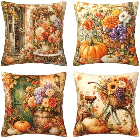 Autumn Pumpkin Floral Pack Of 4 18x18 In Throw Pillow Covers For Home Decor by Unknown