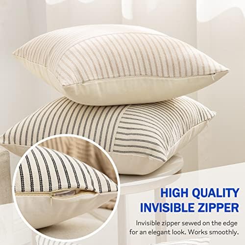 YCOLL Farmhouse Euro Sham Pillow Covers 24x24, Modern Throw Pillow Covers Set of 2, Khaki and Beige Striped Patchwork Linen Decorative Pillows Cushion Covers for Bed Sofa Couch Living Room Home Decor - Image 6
