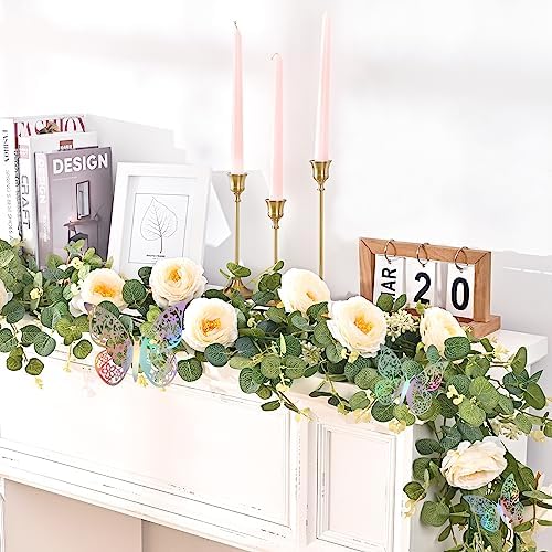 13 Ft Champagne Flower Garland with Butterfly, Fake Eucalyptus Rose Vine - Image 3
