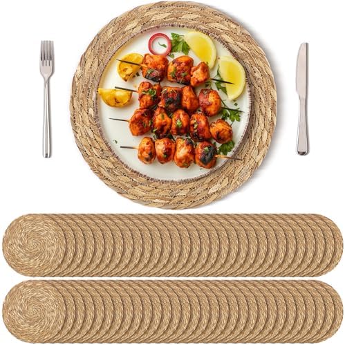 Kochorie Set of 60 Round Woven Placemats 13.8 Inches Bulrush Placemats Natural Hand-Woven Boho Rattan Placemat Wicker Table Mats Farmhouse Weave Place Mats for Home Dining by Kochorie