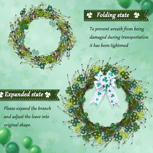 Enhon St. Patrick's Day Decorations, 16in St. Patrick's Day Wreath for Front Door, Lighted Shamrock Clover Wreath with Bow & LED Lights, Waterproof Artificial Spring Decor for Home Porch Wall - Image 6