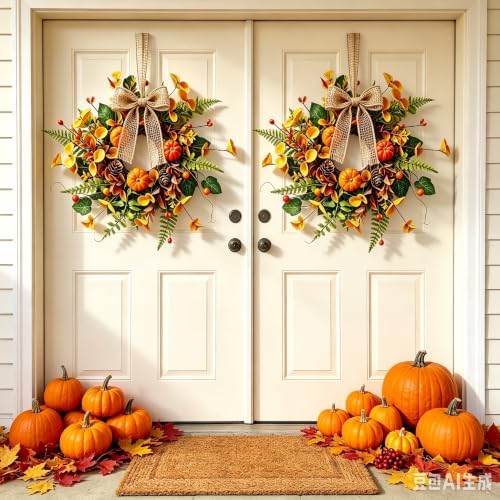 10 PCS Mini Fall Wreaths for Kitchen Cabinets Small Fall Hanging Wreath with Pumpkins Pinecones Berries Eucalyptus Thanksgiving Wreath for Front Door Window Cabinet Farmhouse Decor - Image 3