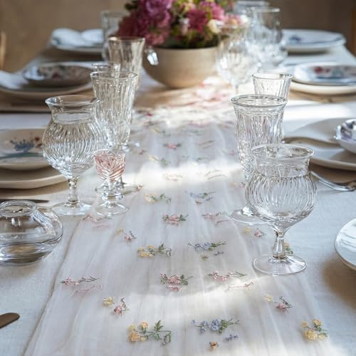 Remagr 4 Pcs 9.8 Ft Wildflower Table Runner Embroidery Floral Table Decor - Image 2