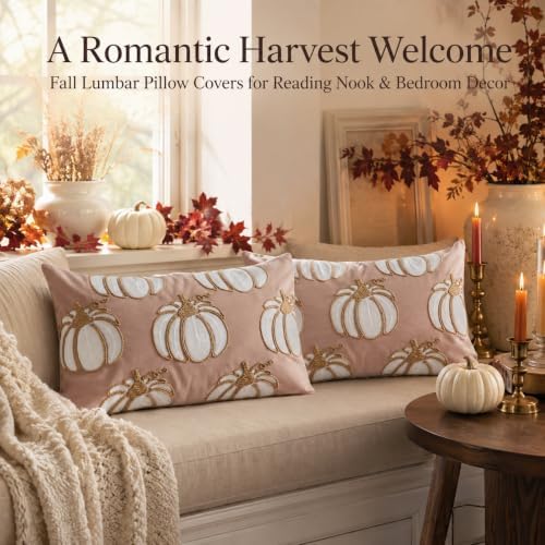 Set of 2 Embroidered Fall Throw Pillow Covers,12x20 Inch,Pink - Image 3