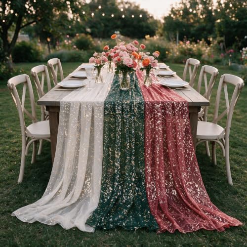 Artoid Mode 3PC Beige Red Green Gauze Table Runner 120 Inch 10FT, Glitter Metallic Foil Sheer for Wedding Anniversary Holiday Birthday Home Party Decor by ArtoidMode