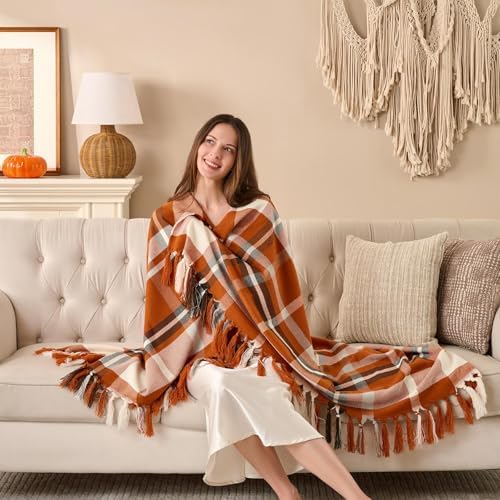 Lanpn Rust Plaid Throw Blanket, Cozy Soft Fall Fringe Blankets for Couch Sofa Bed, Lightweight Orange Checkered Throws Acrylic Cashmere Like Shawl, Autumn Farmhouse Thanksgiving Home Decor Gift, 50x60 - Image 6