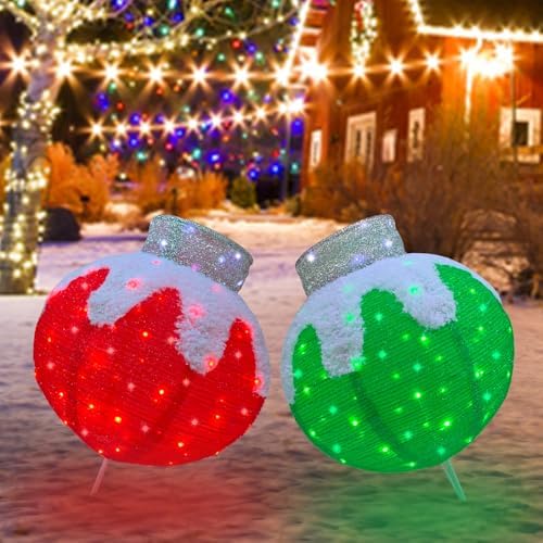 Outdoor Christmas Balls Lighted, 2pcs Pop-Up Christmas Ornaments Outdoor Decorations Prelit 160 Lights with 8 Flashing Effects, Collapsible Light Up Hanging Lantern Ball for Home Yard Decor-Red/Green by Meetjoyancy