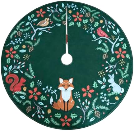 48 Inch Christmas Tree Skirt, Holly Green Woodland Animals by WOODLANDWREATH