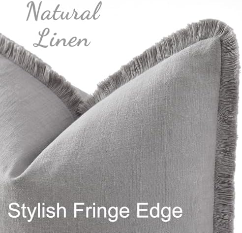 decorUhome Linen Fringe Light Grey Throw Pillow Covers 18x18 Set of 2 - Image 2