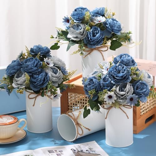 Domensi 6 Sets Wedding Centerpiece for Table Decoration Dusty Blue Artificial Fake Rose Flower with Metal Vase Faux Silk Rose Bouquet Floral Arrangement for Bridal Shower Home Dining - Image 2
