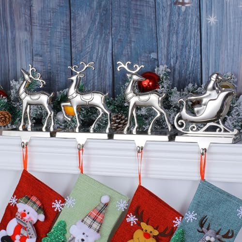 Set of 4 Christmas Stocking Holder for Mantel Reindeer and Sleigh Christmas Stocking Hangers for Fireplace Metal Mantel Hooks Hanger for Christmas (Stocking Holder Set of 4) by Kosmeey