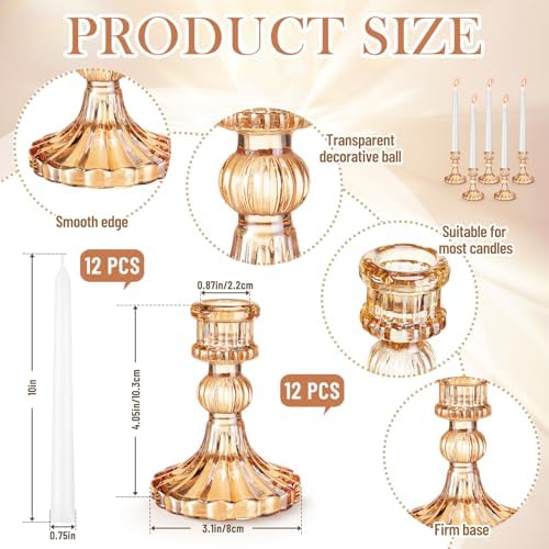 Suclain 24 Pcs Glass Candle Holder Set 12 Candlestick White Candles,Amber - Image 4