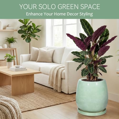 10.3 Inch Ceramic Glaze Plant Pot with Saucer, Flower Pots with Drainage Hole Mesh Net (Grass-Green) - Image 2
