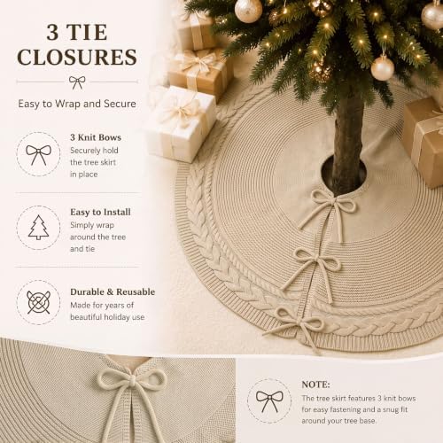 Hollowfly 48 Inch Khaki Christmas Tree Skirt for 7.5ft Tree Cable Knitted - Image 4