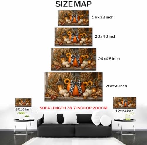 WAXWHELK Pumpkin Fall Canvas Wall Art, Lanterns Sunflowers and Gingham Bow Rustic Farmhouse Painting Pictures, Pumpkin Autumn Thanksgiving Artwork Decor for Bedroom Living Room (20"x40") - Image 5