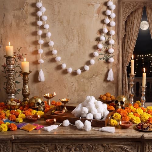 Yalikop 10 Pcs Pom Pom Garland 5 ft Diwali Party, White - Image 3