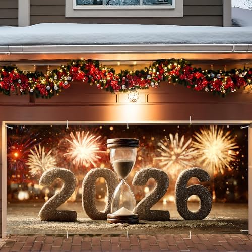 Happy New Year 2026 Garage Door Banner 7x16FT, Hourglass Countdown 2026 Garage Door Cover, Large Outdoor New Year Decoration Backdrop for Garage Doors, Fence, Yard, Party Photo Booth by ANNAQUEEN