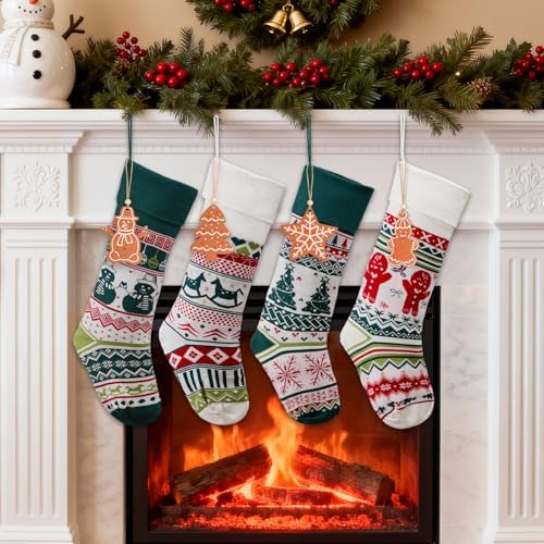 Christmas Stockings 4 Pack, 21 Inch Large Family Christmas Stocking, White and Green Gingerbreadman Tree Xmas Stocking for Fireplace,Christmas Decorations - Image 2