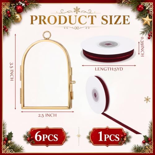 Qunclay 6 Pcs 2.5 x 3.5 Christmas Brass Picture Frame Ornaments Arch Xmas Metal Double Glass Hanging Photo Frame with Burgundy Velvet Ribbon for Christmas Tree Decorations(Gold Burgundy, Arch) - Image 2