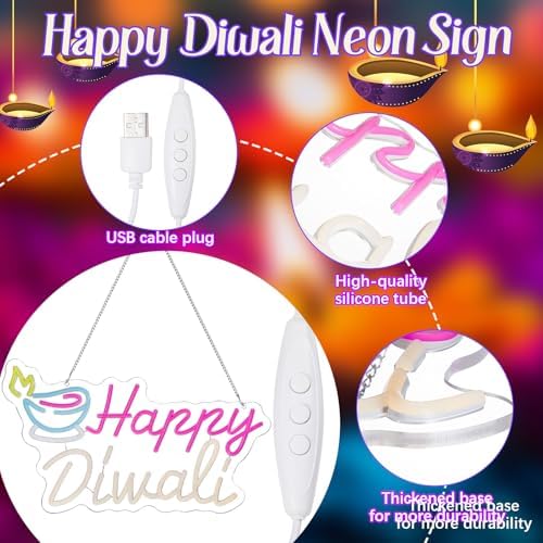 Glooglitter Diwali Oil Lamp Neon Sign LED Light Wall Decor, Happy Diwali - Image 3
