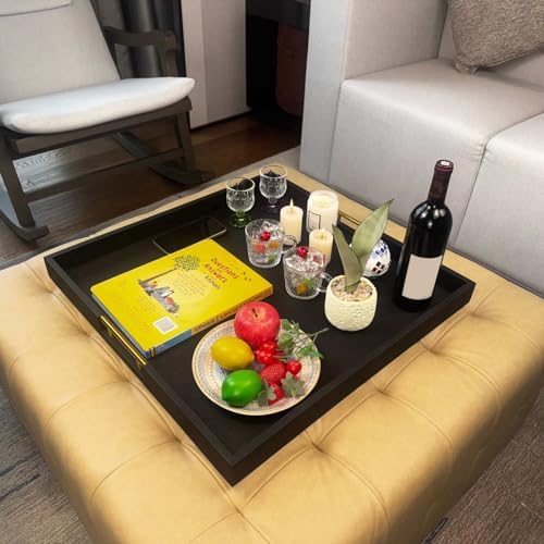 24x24 Inches Extra Large Black Faux Leather Wrapped Wood Ottoman Tray with Golden Handles for Serving Food and Breakfast On Bed, Square Coffee Table Organizer, Home Decor and Decorative - Image 4