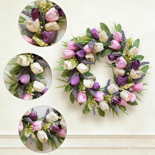 Spring/Summer Wreaths for Front Door,Purple Tulip Wreath for Decoration, 22 Inch Door Wreaths Indoor Outdoor for Party Holiday Farmhouse Wedding Home Wall Window Decor - Image 2