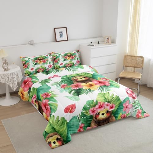 Erosebridal Cartoon Sloth Comforter Set Kawaii Sloth Bedding Palm Leaf Cherry Blossom Monstera Quilt Hawaiian Tropical Leaf Animal Duvet Insert for Kids Boys Girls, 3Pcs Full Size - Image 3