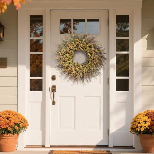 26" Artificial Fall Eucalyptus & Ferns Wreath for Front Door (Green Orange) - Image 2