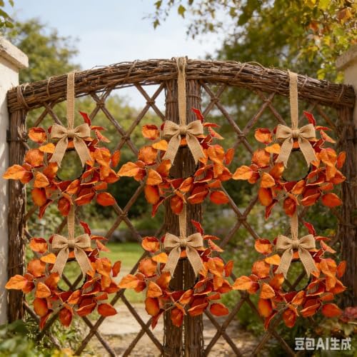 6 Pcs Small Fall Hanging Wreaths with Artificial Autumn Leaves Burnt Orange Rust Red Foliage Rustic Mini Cabinet Wreath for Home Table Centerpieces Kitchen Farmhouse Thanksgiving Party Decor - Image 7