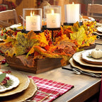 Fall Table Centerpiece Fall Thanksgiving Candle Holder with 3 Candle Holders and 3 Glass Cups, Artificial Maple Leaf Harvest Table Centerpiece with Pumpkins Berries - Image 4
