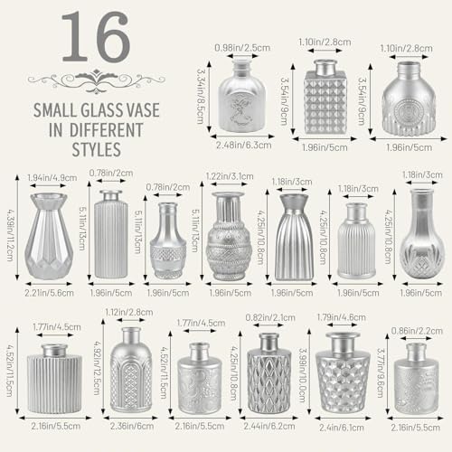 32 PCS Assorted Vintage Bud Vases, Colorful Glass Small Vases Bulk, for Centerpieces, Wedding Table Decor, Home Decorations & Gifts (Silver Srires) - Image 2