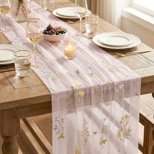 Artoid Mode 6PC Wildflower Floral Light Pink Gauze Embroidery Table Runner 120 Inch 10FT, Tulle Seasonal Spring Kitchen Dining Table Decor for Home Party - Image 7